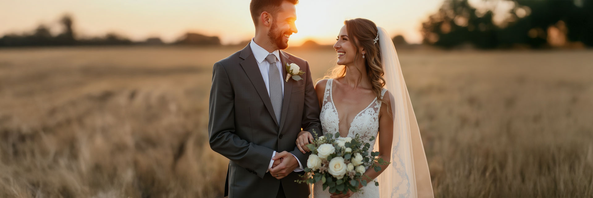 Hochzeitspaar im Feld bei Sonnenuntergang.